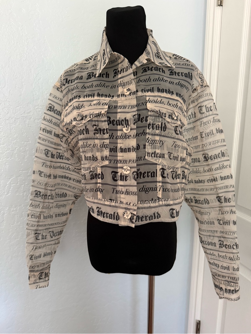 Printed Newspaper-Style Cropped Jacket in Beige and Black
